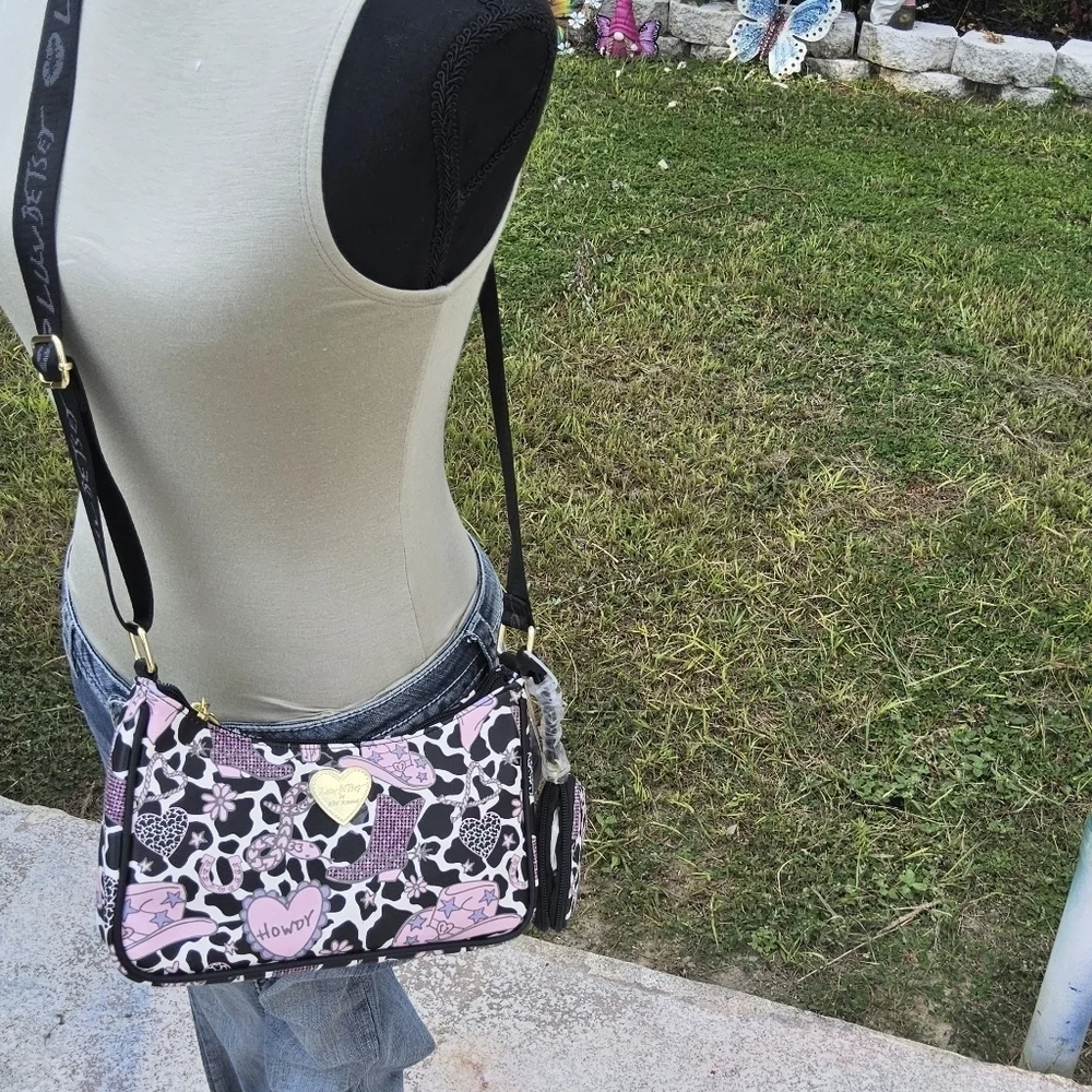BETSEY JOHNSON LUV BETSEY BLACK/MULTI COLOR CROSSBODY w/WEB STRAP n POUCH